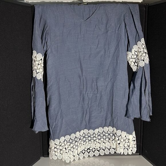 Union of Angels Blue Boho Dress / Long Top with White Trim Size Small - Picture 11 of 13